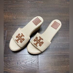 TORY BURCH Weston Wedge Slide Ivory Canvas Jute Espadrille Platform Sandals Sz 7